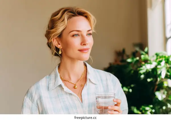 Woman holding glass of water, indoor portrait, fashion shot, lifestyle
