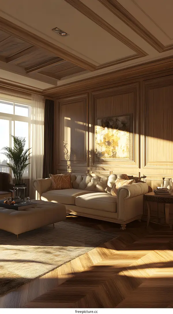 Luxury Living Room Interior Design with Wooden Walls and Herringbone Floor