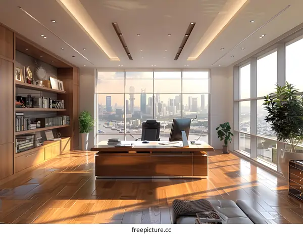 Office interior with large windows and wooden furniture