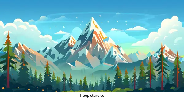 Mountain Landscape with Pine Trees and Birds
