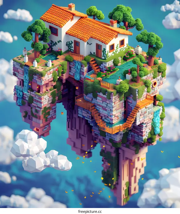 Floating House In The Sky With Low Poly Style
