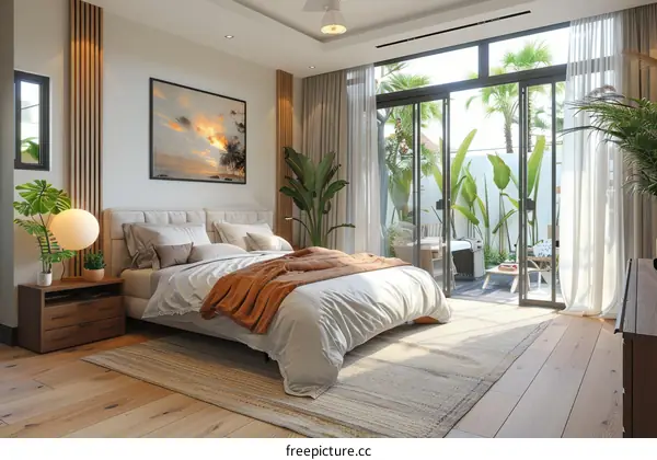 Modern Bedroom with Backyard View