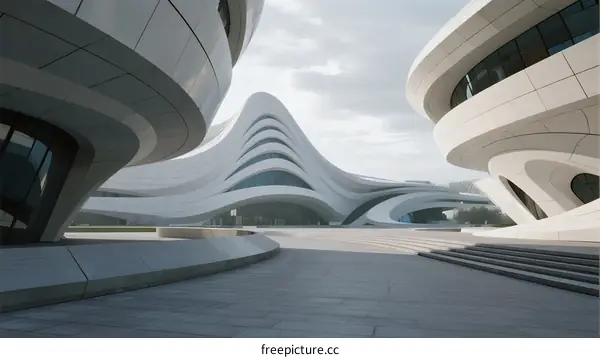 Modern Architectural Design with Curved White Structures in Urban Setting