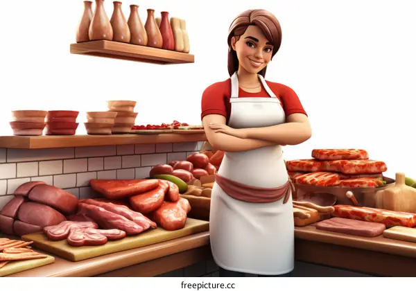 Smiling Female Butcher in a Small Business Meat Shop