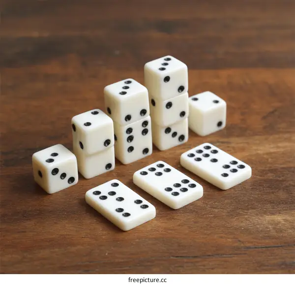 Dice and Dominoes on Wooden Tabletop