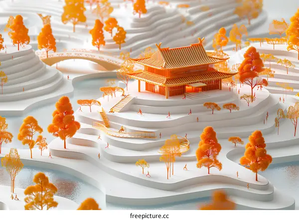 An illustration of a Chinese courtyard with orange trees and people