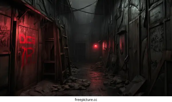 A dark and eerie alleyway with red glowing graffiti