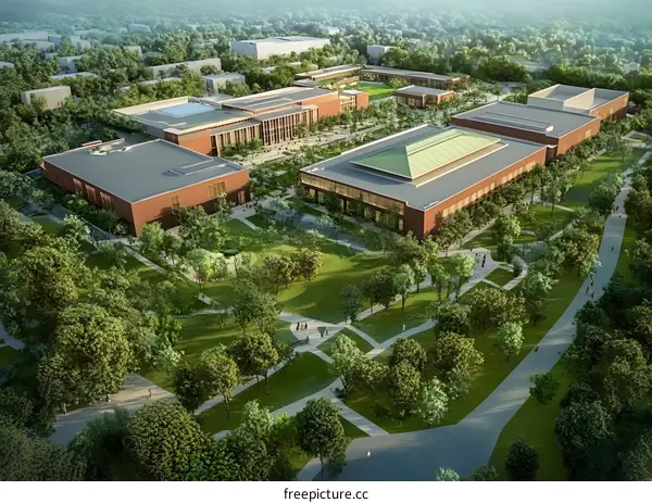 Aerial View of Modern University Campus with Green Trees