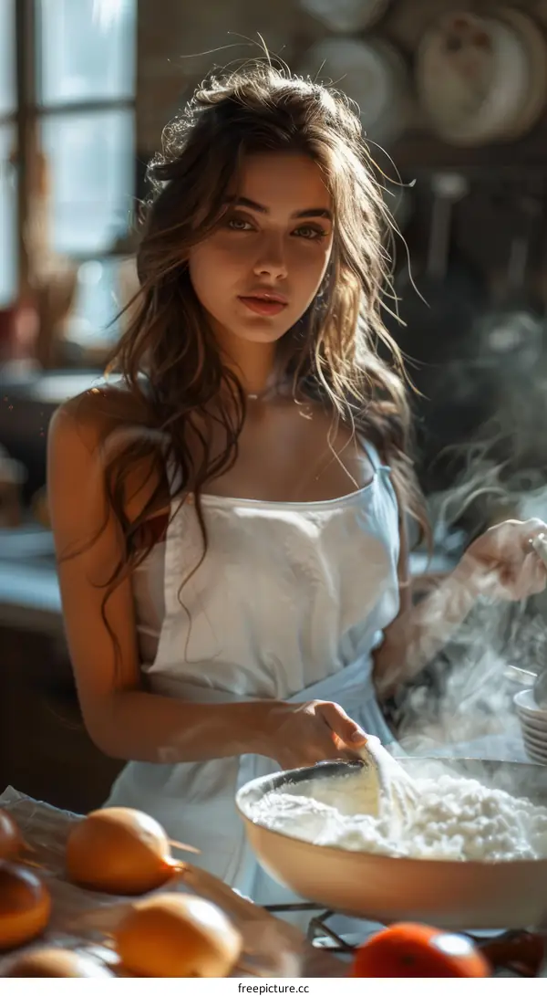 Young Woman Cooking in Kitchen with Smoke