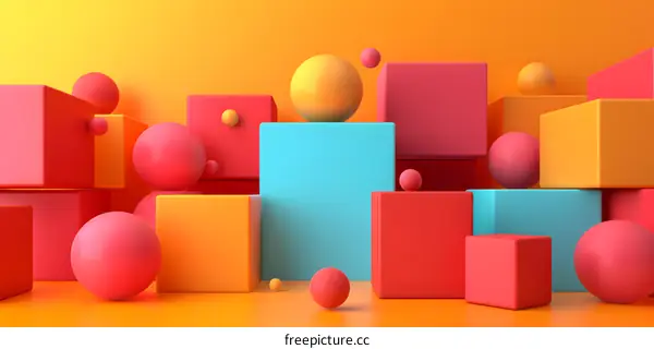 Abstract Colorful 3D Shapes and Spheres on a Yellow Background
