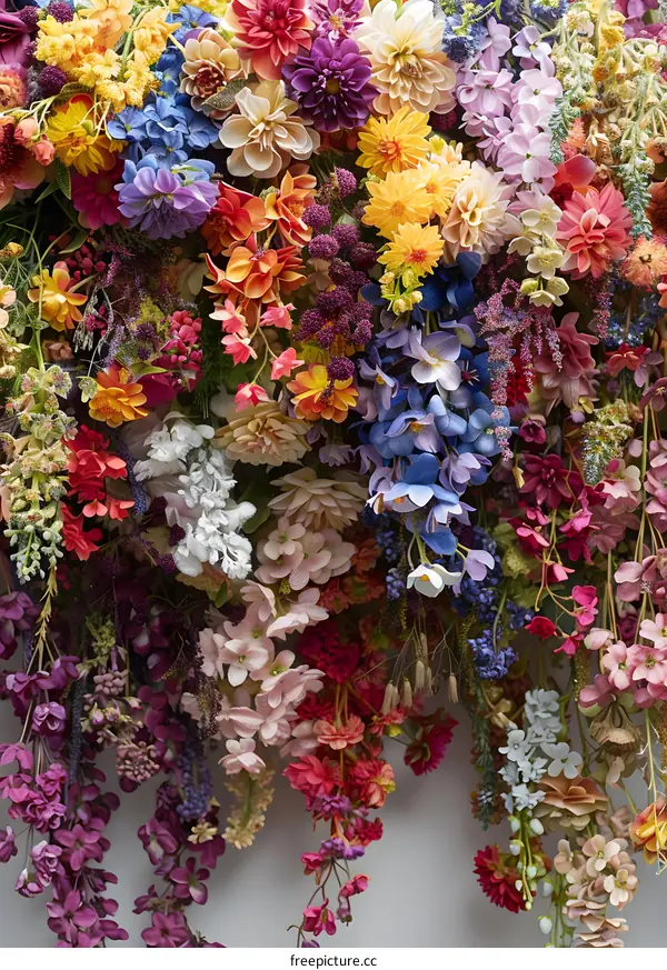 Colorful Flower Arrangement Hanging From A White Wall
