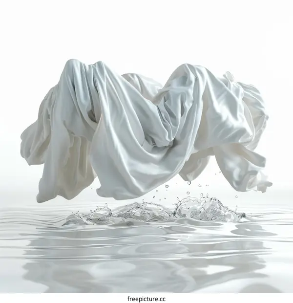 White Fabric Floating above Water Surface with Rippling Droplets