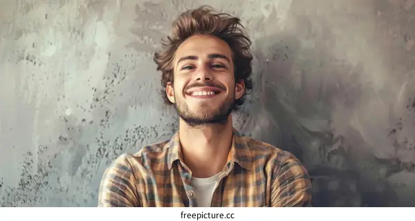 Smiling Man in Plaid Shirt Against a Textured Wall