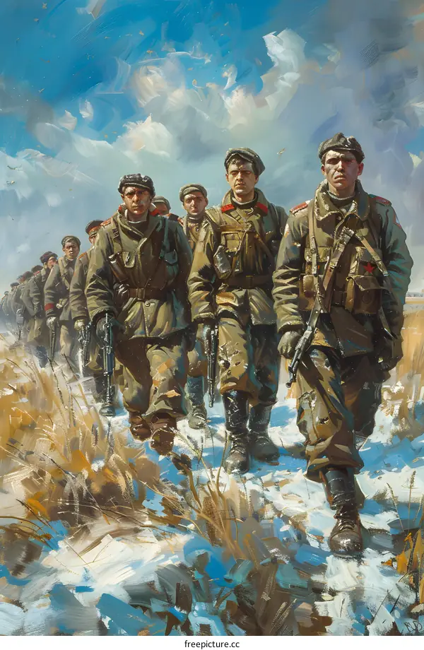 Soviet Soldiers Marching Through Snowy Field