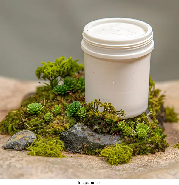 White Jar on Mossy Ground with Small Plants