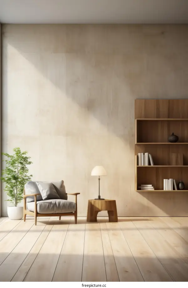 An empty room with a chair, a table, a lamp and a bookshelf