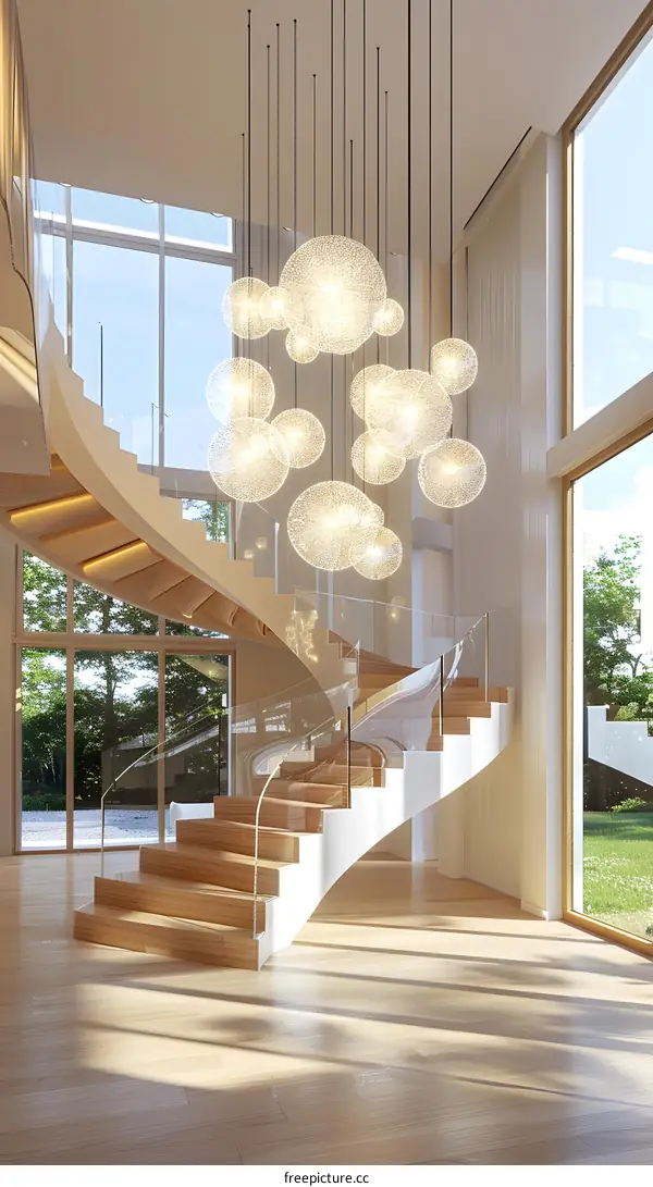 Modern Home Interior With Curved Staircase and Chandelier