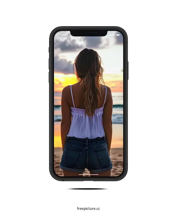 Woman in White Tank Top and Denim Shorts Looking at Sunset Beach on Phone
