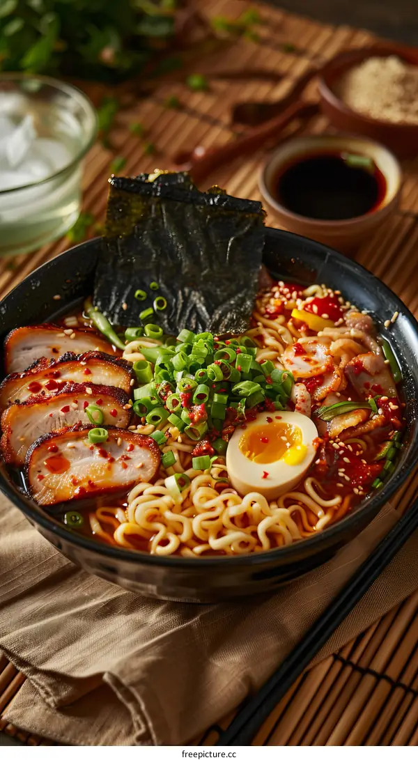 A delicious bowl of ramen with pork, egg, and vegetables