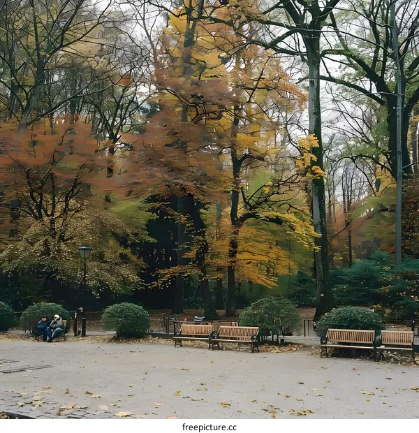 Autumn Forest Park Landscape With Two People Sitting On Bench