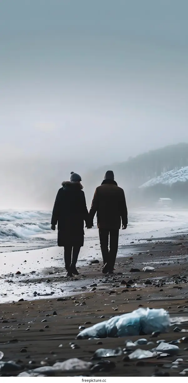 Couple Walking on the Beach in Winter