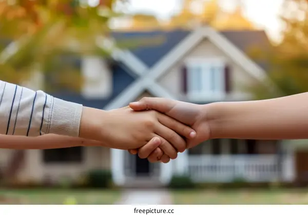 Two kids shaking hands with a house in the background