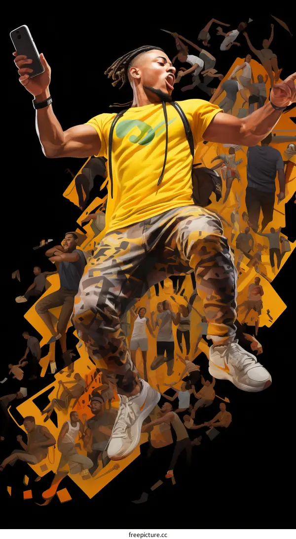 Illustration of a young man jumping in the air while holding a phone