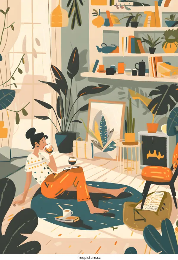 Woman Relaxing On Floor In Cozy Home With Plants