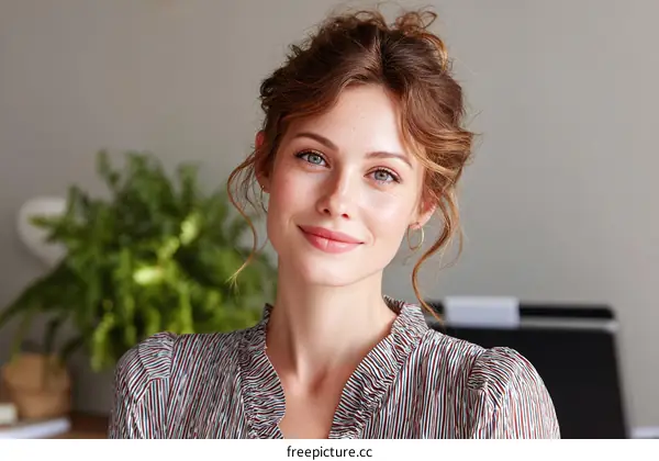 Professional woman with curly hair and formal blouse in office