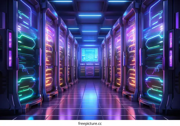 Futuristic Server Room Illuminated by Neon Lights
