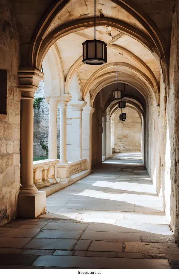 Stone Archway Corridor With Light Streaming Through