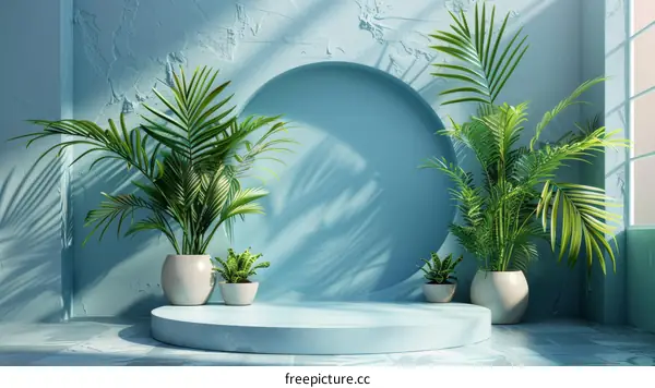 Blue Geometric Cylinder with Green Plants