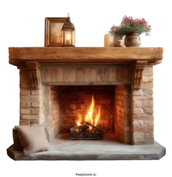[Transparent Background PNG]Rustic Brick Fireplace with Burning Fire