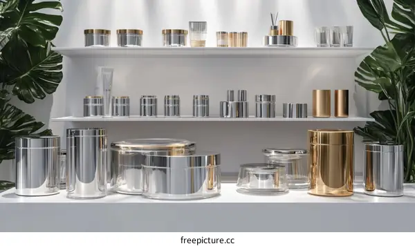 Modern Cosmetic Display Shelf with Gold and Silver Containers