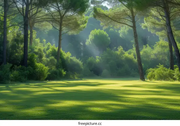 Sunlight shining through the trees in a lush green forest