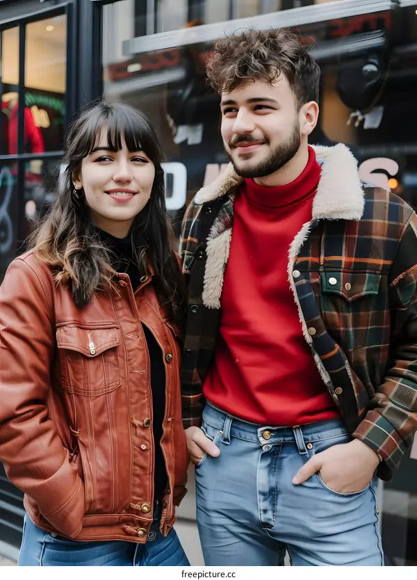 Couple in Front of Store Window Wearing Casual Winter Clothes