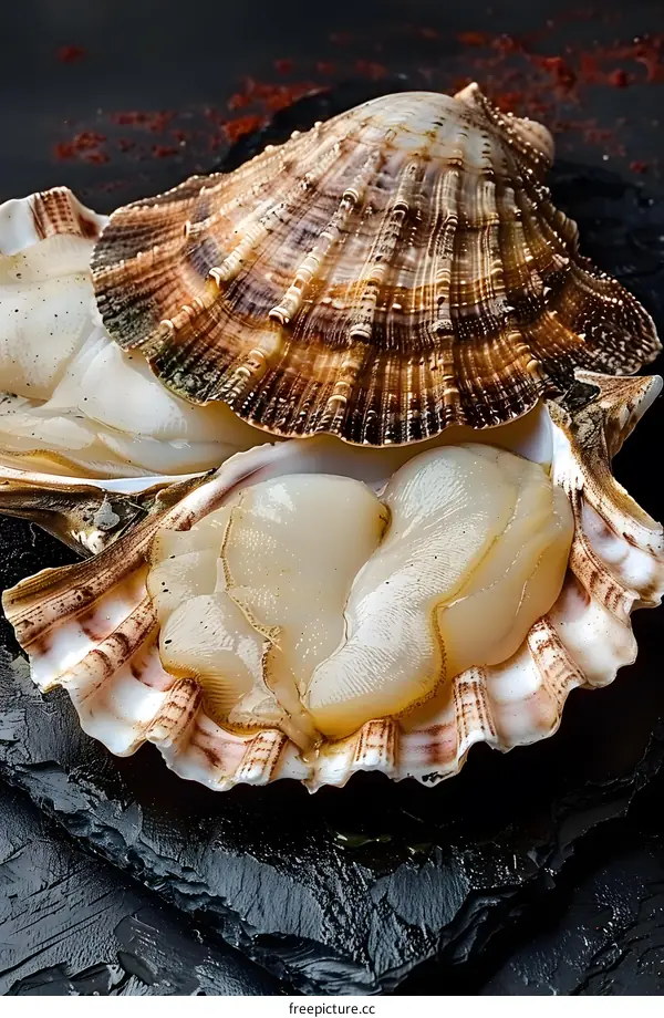 Fresh scallops on a black slate