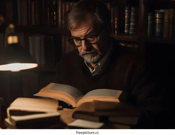 Elderly Man Reading Book in Library