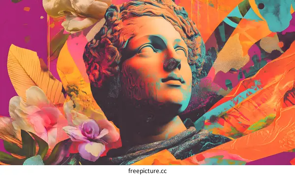 Abstract Art with a Bust Sculpture and Flowers