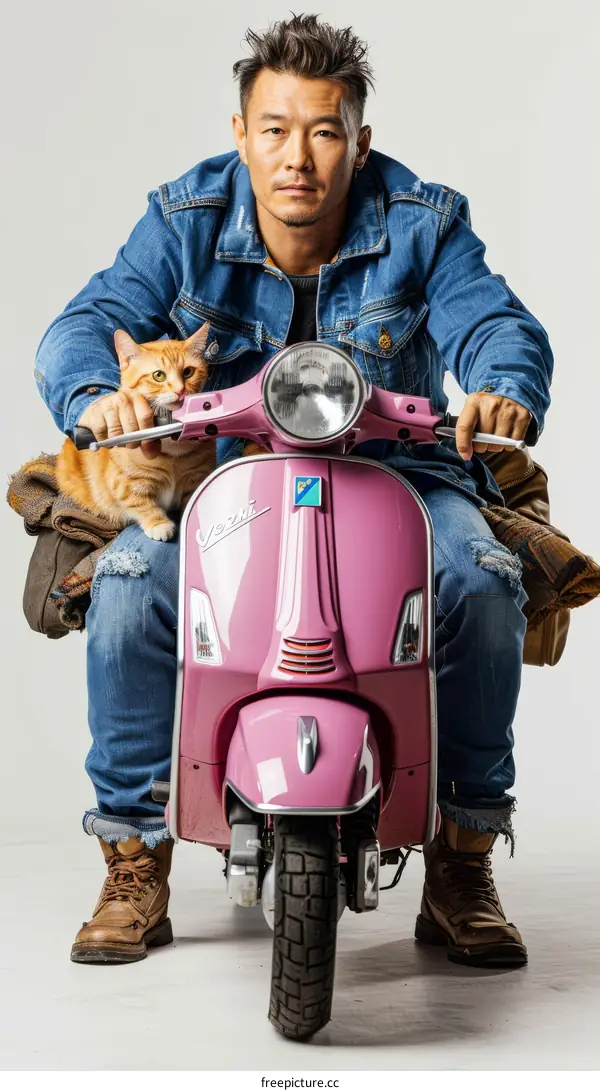 A man and his cat are sitting on a pink scooter.
