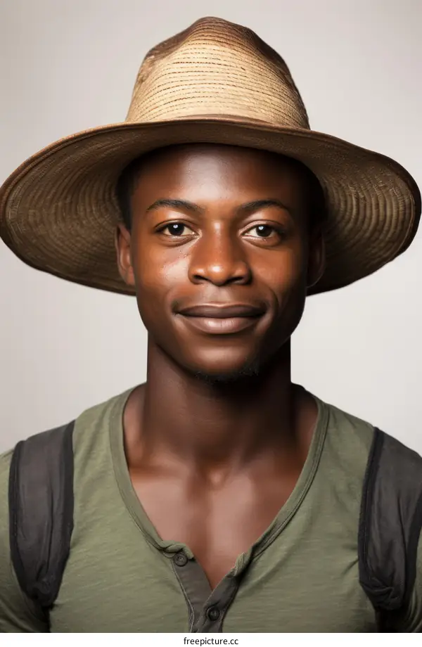 Portrait of a smiling young African man wearing a straw hat