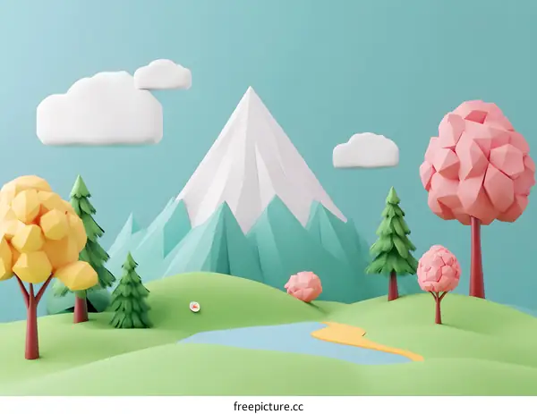 Cartoon 3D Low Poly Style Green Mountain Landscape Background