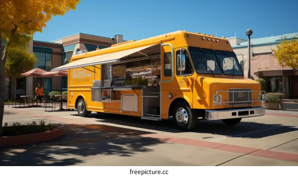 A yellow food truck is parked in a parking lot.