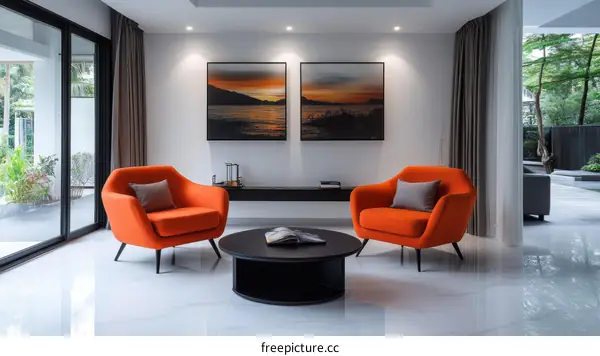 Modern Living Room with Orange Armchairs and Artwork