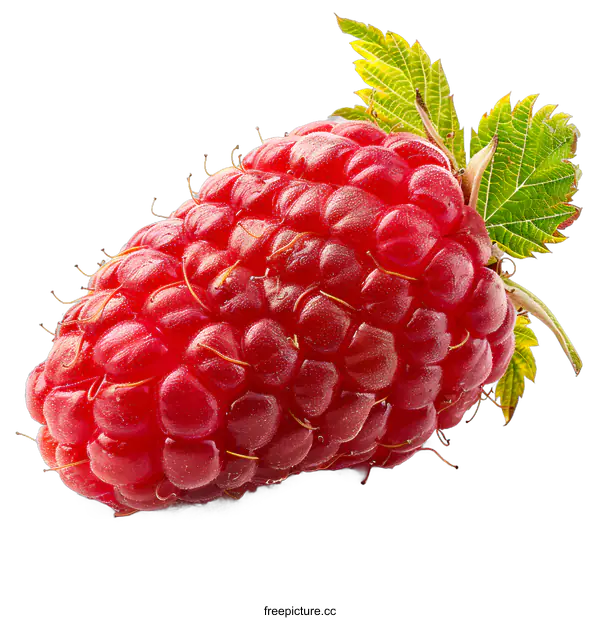 [Transparent Background PNG]A close-up image of a fresh raspberry with green leaves.