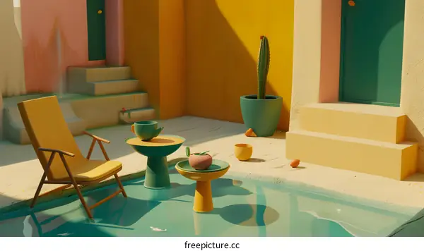 Minimalist Poolside Patio with Yellow Chair and Cactus