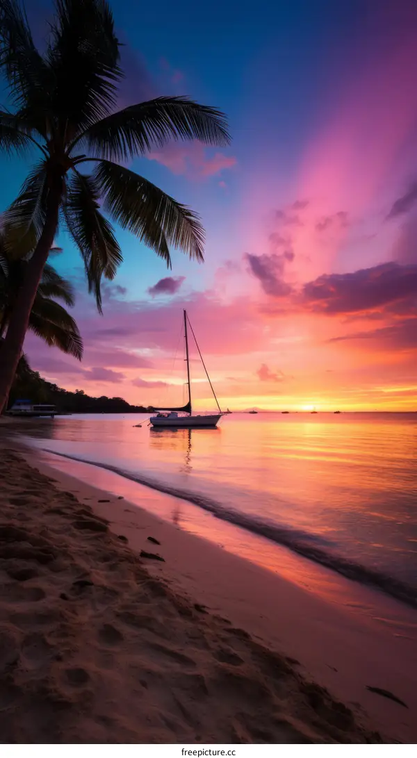 Tropical beach sunset with palm trees and sailboat