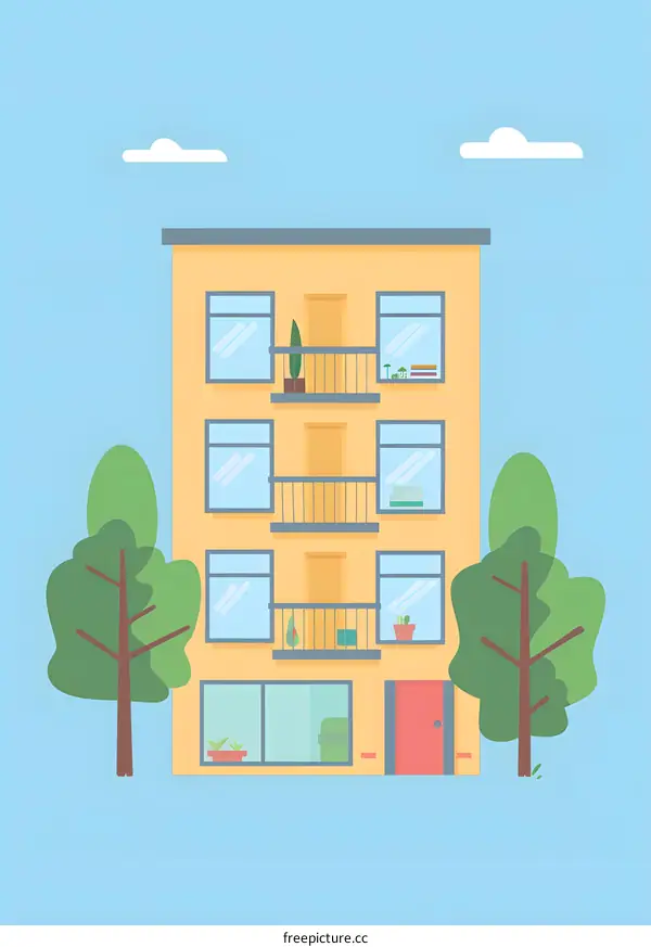 Yellow Building with Balcony and Trees