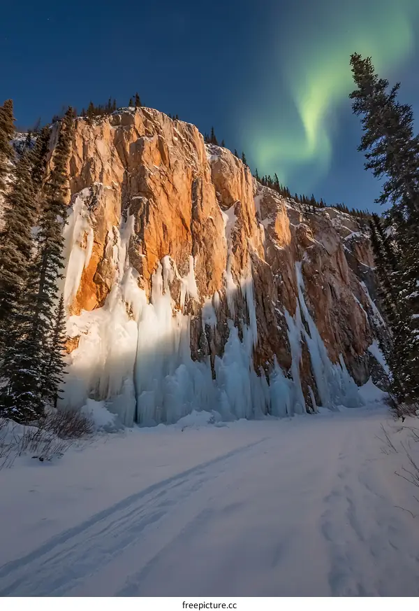 Frozen Waterfall Under the Northern Lights