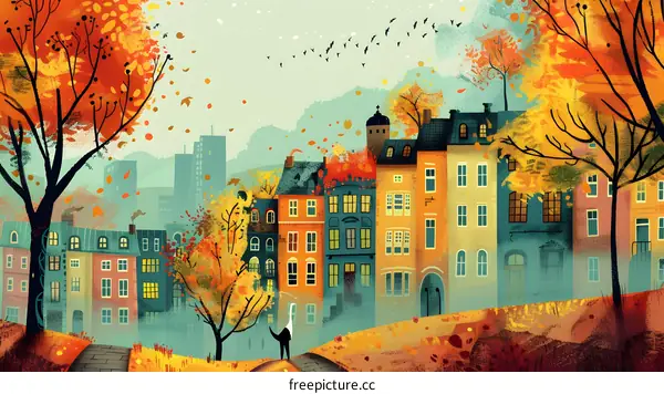 A person walking in an autumn park with colorful trees and buildings